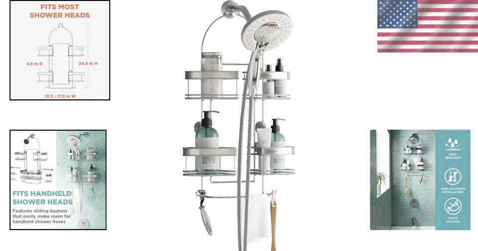 Rust-Resistant Hanging Shower Caddy with Adjustable Baskets - Image 2 of 4