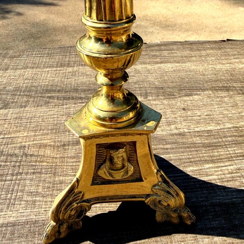Antique Church Altar Brass Mary Joseph Jesus 12" Fluted Stem Tripod Candlestick - Picture 2 of 10