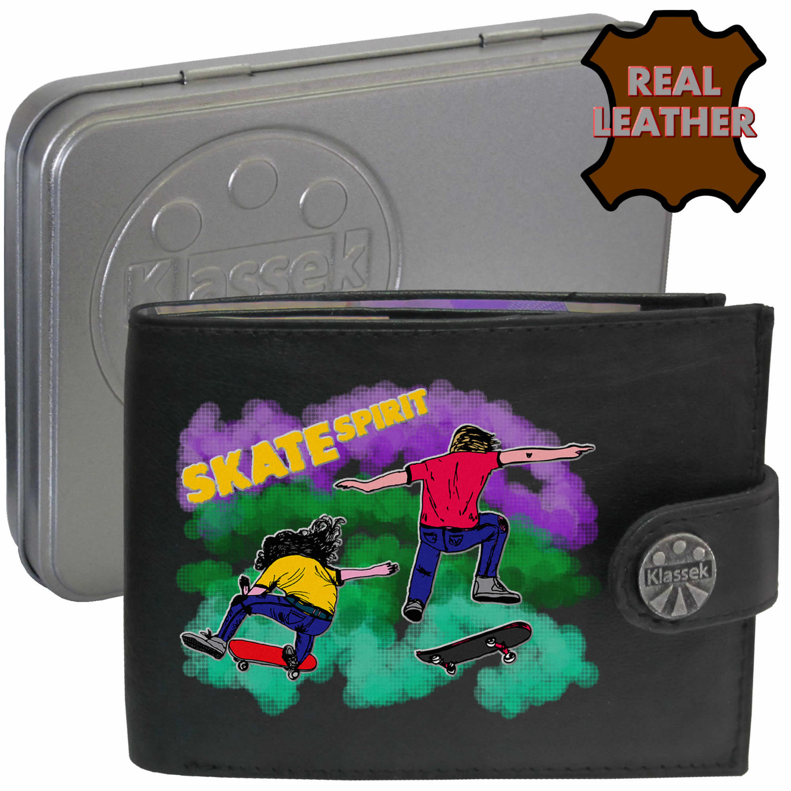 Skateboarding Wallet Soft Leather Skateboard Sport Olympics Men's Gift Tin RFID
