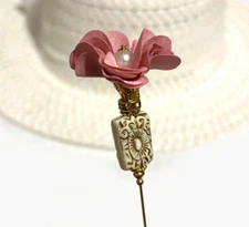 HATPIN with PEACH Fabric FLOWER & Pearl +Rhinestones set in Gold Finish - 8 inch