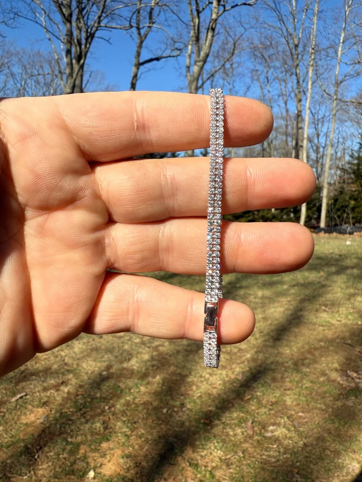 Real 925 Sterling Silver Micro Two Row 4.5mm Tennis Bracelet CZ 6-8" Iced - Image 3 of 4