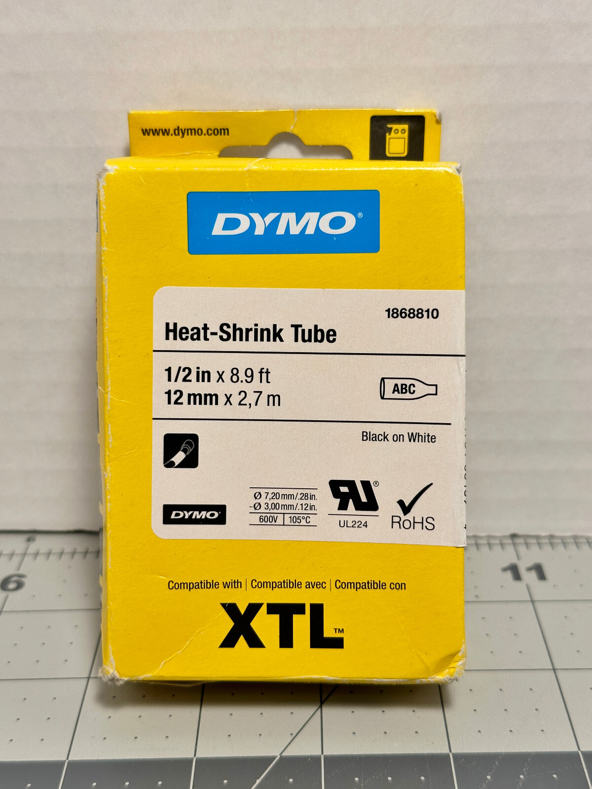 DYMO XTL HeatShrink Tube Labels 1/2" x 9.5 ft White/Black Print