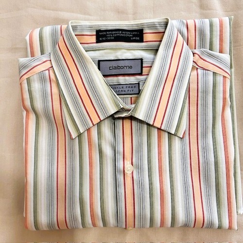 Claiborne Mens Shirt Large Wrinkle Free Orange Green Stripes - Picture 3 of 8