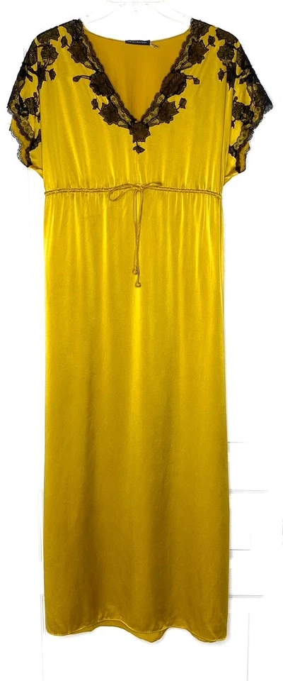 Vestido JOSIE NATORI Amarillo Negro Encaje Lolita Caftán Cordón Seda Charmeuse XS Foto 2 de 4