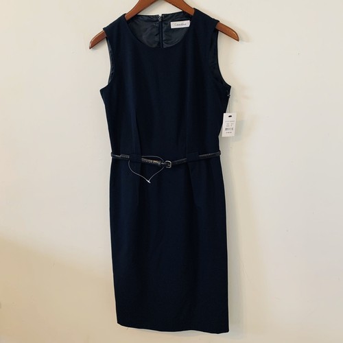 Calvin Klein Straight Pencil Dress Size 2 Black Sleeveless Belted Career Office - Picture 9 of 11