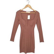 New ASTR The Label Ribbed Long Sleeve Hook Eye Front Bodycon Dress Blush S