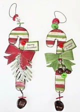 2 Thin Metal Candy Cane Ornaments Jingle Bells ‌Rustic Primitive Christmas Holid