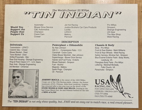 Johnny Rocca Racing USA Racing JOHNNY ROCCA “Tin Indian” 1933 Willys Coupe 8.5x11