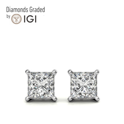 IGI 5.00 FVS1 Princess Lab Diamond Basket Stud Earring Screw Back 18K White Gold