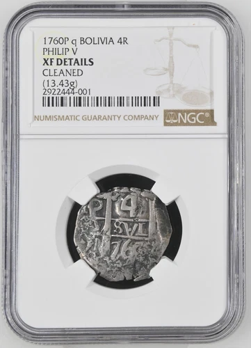 4R 1760P Bolivia Cob NGC XF Details, Cleaned