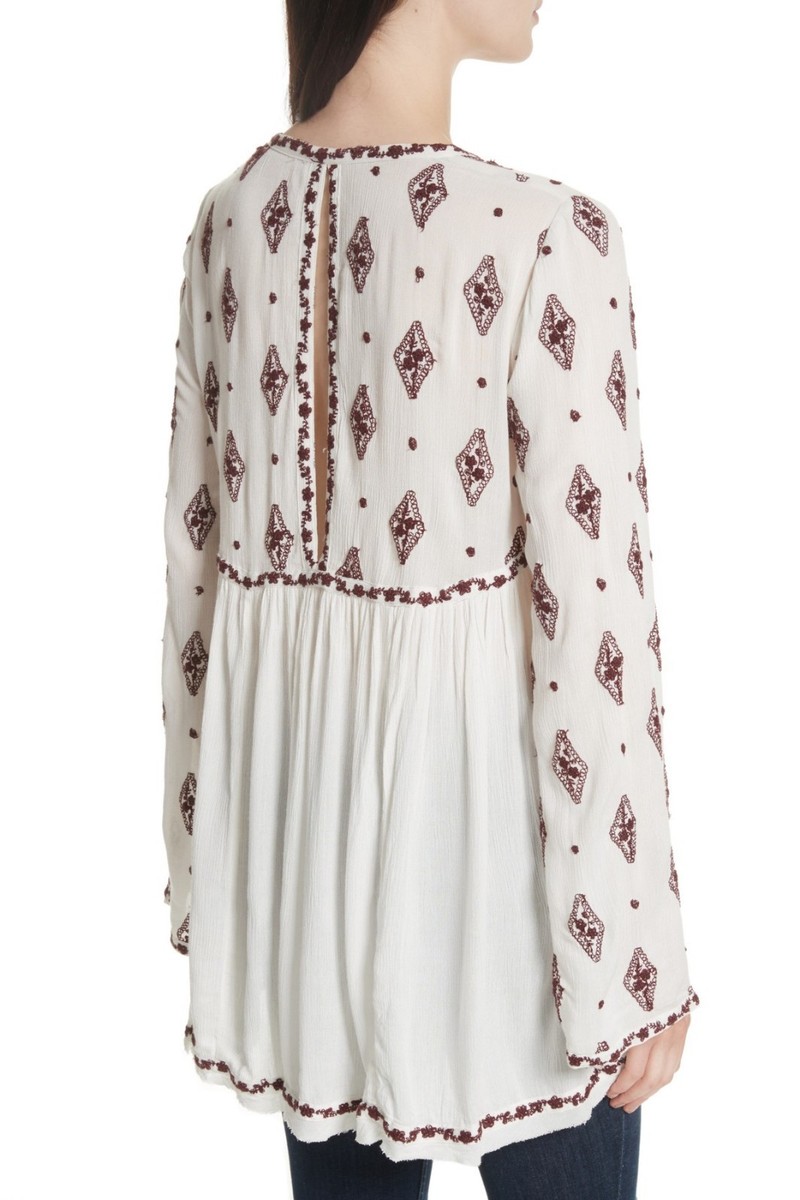 Free People OB475341 Ivory Embroidered Bell Sleeve Top/Tunic