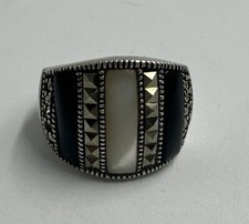 Vintage Marcasite w/ Pearl  Onyx Inlay Sterling Silver Ring, 6.5g