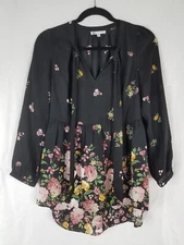 DR2 Tunic Top Blouse Women Petite Size PXS Black Floral Long Sleeve Casual