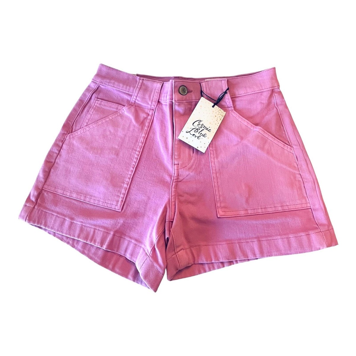 Cosmic Blue Love Mid Rise Denim SHORT Womens 27/4 Pink Camelia Rose  Pockets