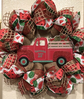 Farmhouse WATERMELON   Vintage Truck WREATH Burlap Deco Mesh RUSTIC Summer