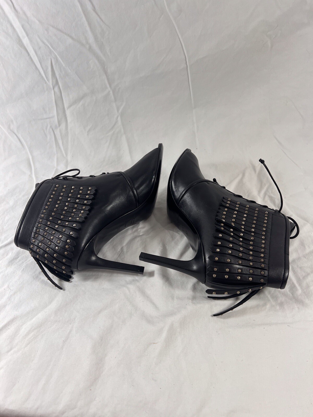 Stivaletti neri SAINT LAURENT Paris con frange borchie $1295 37 7US Made in Italy