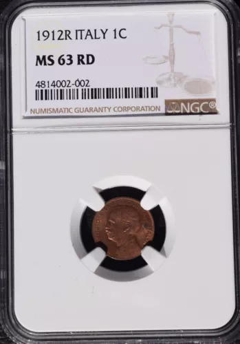 1912 R Italy 1 Centesimo, NGC MS 63 RD, Red, Better Date