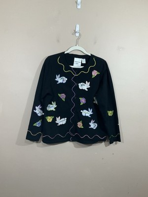 VTG Michael Simon Light Embroidered Bunny Cardigan M Black Easter Flowers Rabbit