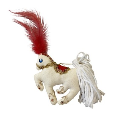 Felt Gold Sequin CAROUSEL HORSE Plume Feather Christmas Ornament VTG Brucilla