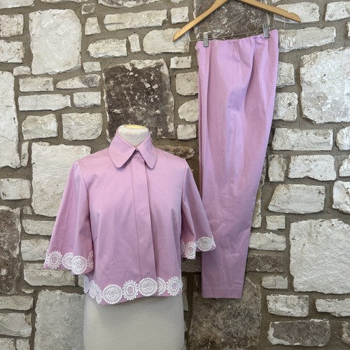 Pearl by Lela Rose 2Pc Pant Set Pink Stretch Cotton Lace Sz S 4 Jacket SOLD OUT - 第 1/9 張圖片