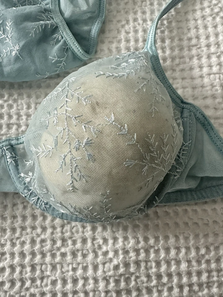 Vintage Victoria’s Secret Sheer blue bra matching Panty 36B Medium Embroidered - Image 3 of 4