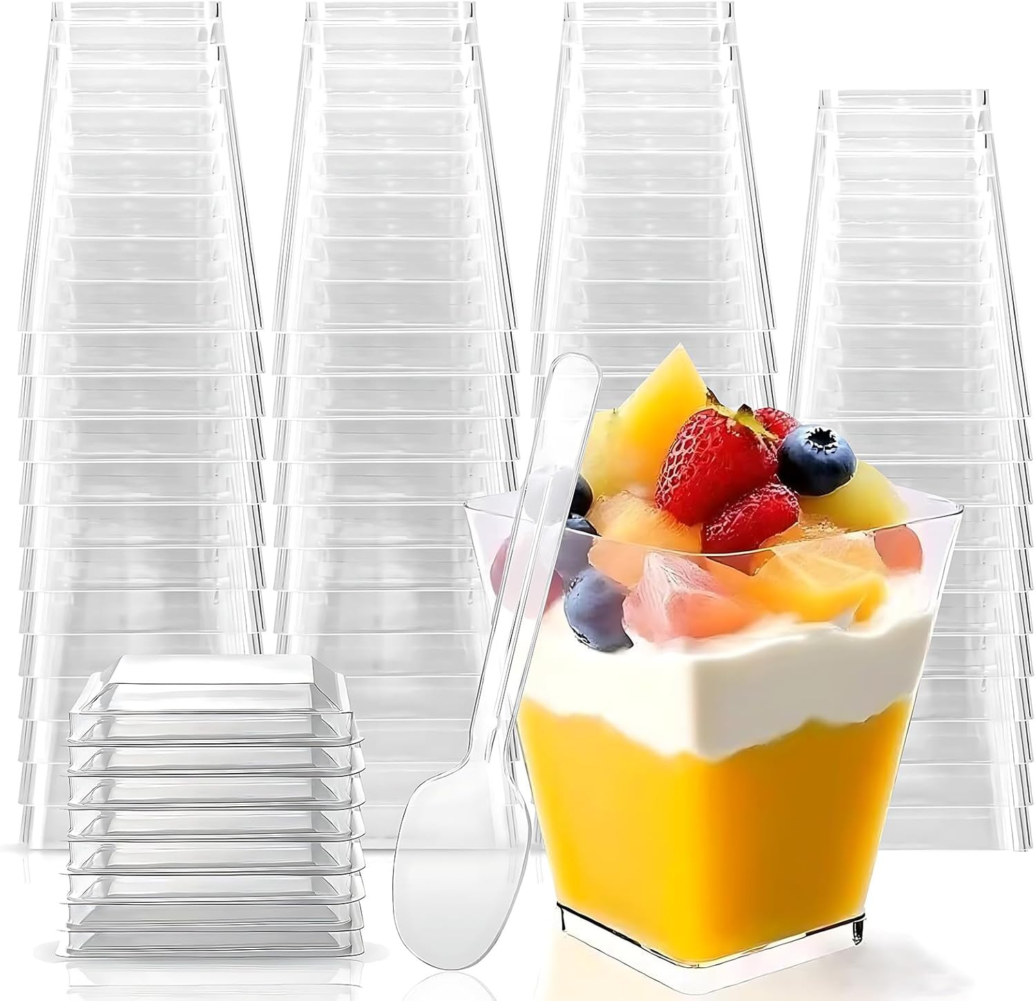 Paquete 50 vasos plástico 5 oz con tapas y cucharas para yogur y postres fiesta