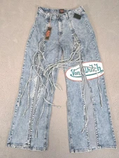 Von Dutch Tie Front Wide Leg Jeans Womens 13 Light Wash Denim Patch Logo Y2K New