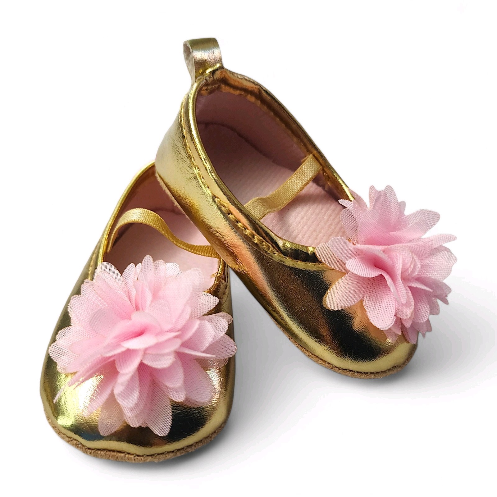 0-6m &ndash; Gold Ballet Flats With Pink Flower Accent