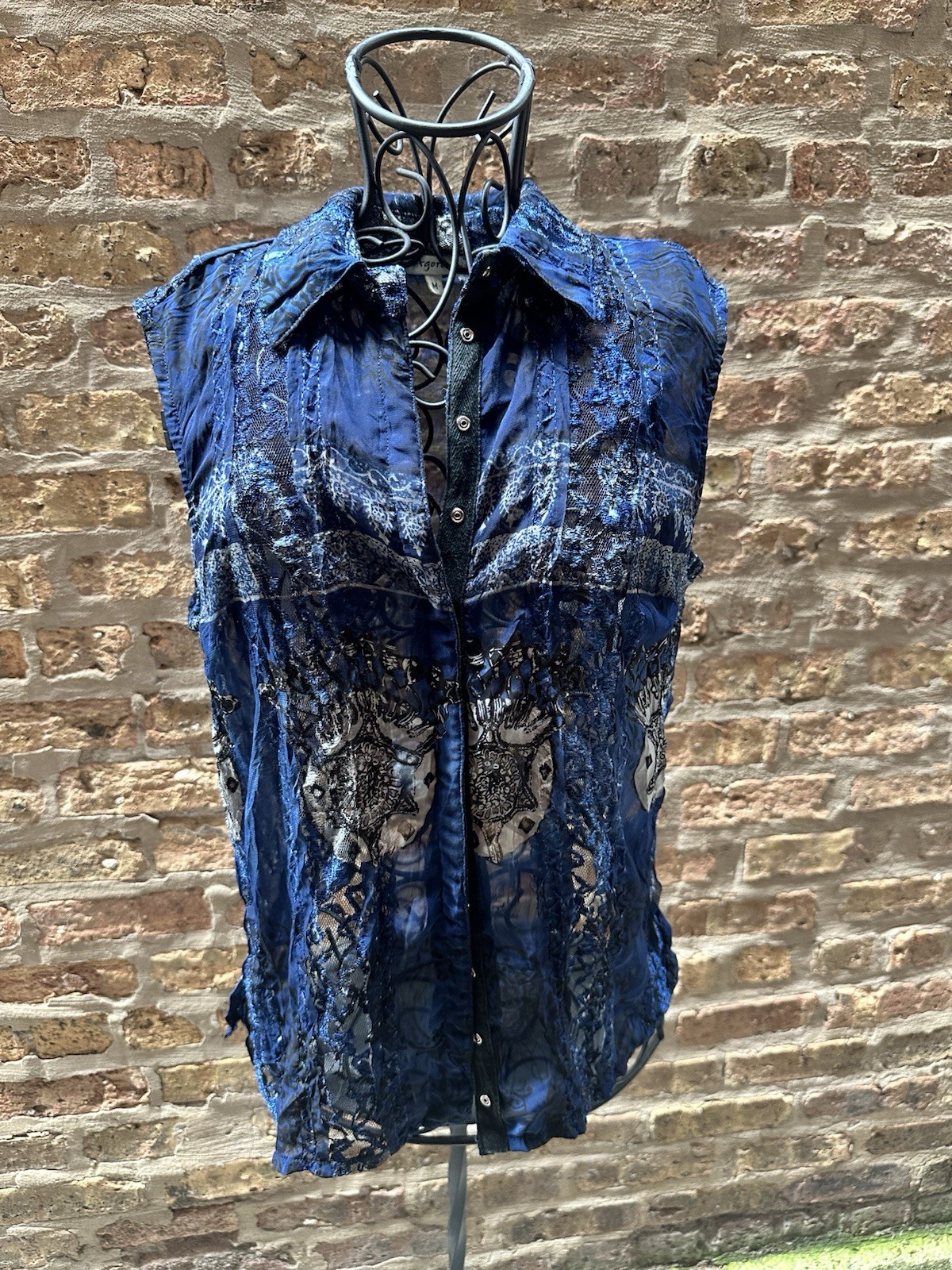 Agora Blue Sheer Sleeveless Button Up Blouse Boho Goth Y2K Costume Grunge Office
