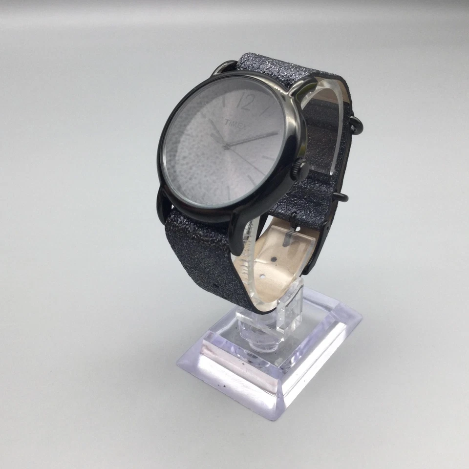 Timex 手表女式 38 毫米黑色表盘灰色闪光皮革表带 T2P337 全新电池 — 第 4/4 张图片