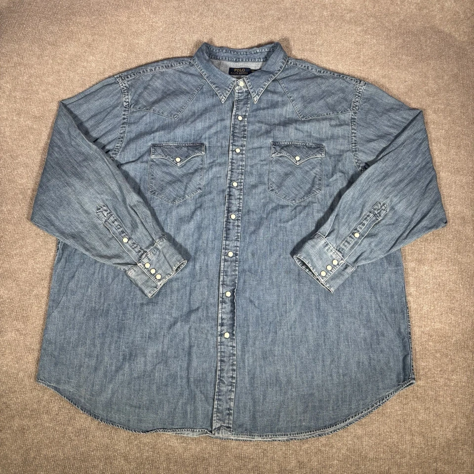 Polo Ralph Lauren Shirt Mens 3XB Pearl Snap Blue Denim Long Sleeve Western - Image 2 of 4