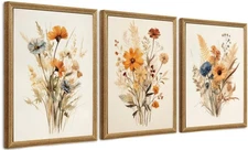 Framed Vintage Wildflower Canvas Wall Art Floral Set of 3 Country Farmhouse F...