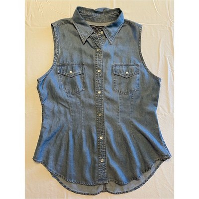 Coastal Cowgirl Button-Down Sleeveless Shirt with Pearl Snaps Y2K Denim Mid-Wash
