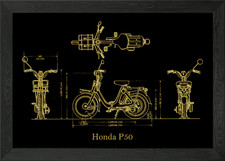 Honda P50 Blueprint gold Framed Wall Art Poster Canvas Print Picture