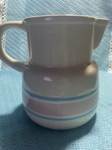 Vtg McCoy Pottery Pink Blue Stripe Band 6” Milk Juice Pitcher Country Farmhouse