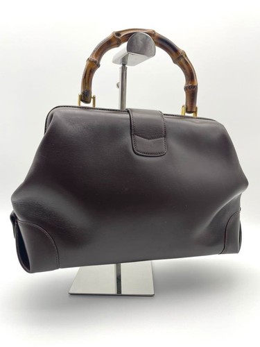 GUCCI Bambú Top-Mango Médico Bolso Cuero Marrón Oscuro Vintage Hecho en Italia - Imagen 2 de 9