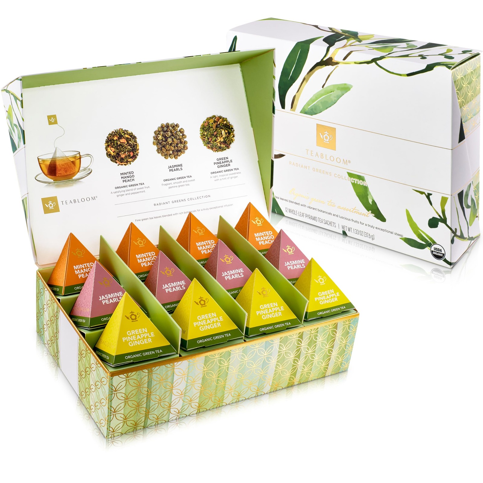 Bloom Radiant Greens &ndash; Organic Green Tea Sampler With 12 Plant-based Pyram...