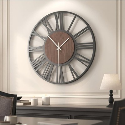 Cuspin 16 Inch Wall Clock, Black Metal Decorative Wall Clock with Wood...