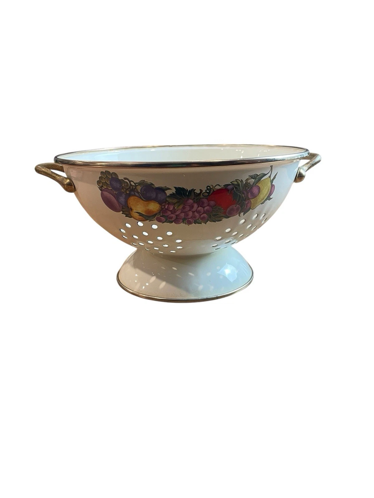 Vintage Cornucopia White With Fruit Design Enamel on Steel Kitchen Colander 80s