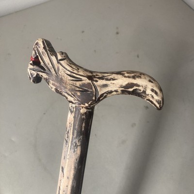 Vintage Hand Carved & Painted Black w/Red Wood Wooden Cane- Asian/Dragon/Marble