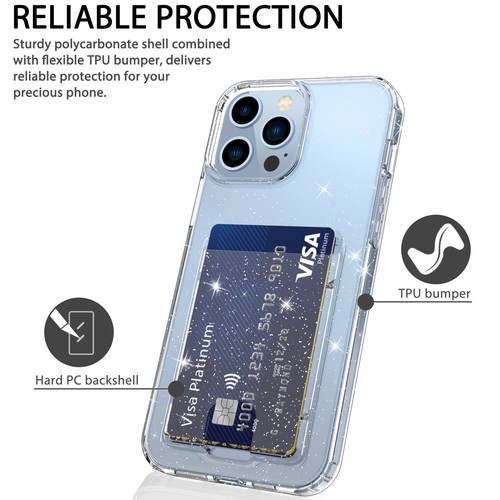 For iPhone 14 13 12 Pro Max Glitter Bling Back Card Holder Shockproof Clear Case - Picture 16 of 40