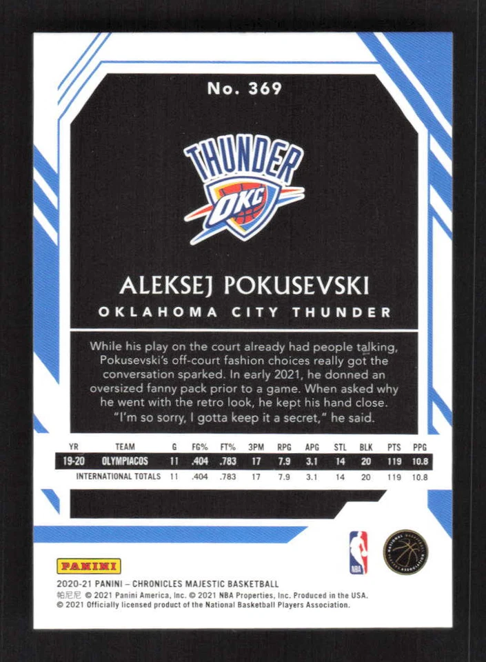 Aleksej Pokusevski 2020-21 Panini Chronicles Thunder #/249 Rookie #369 - Image 2 of 2