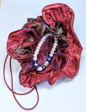 Travel Jewelry Organizer Bag Burgundy Oriental 8 Pockets Case Drawstring Bag