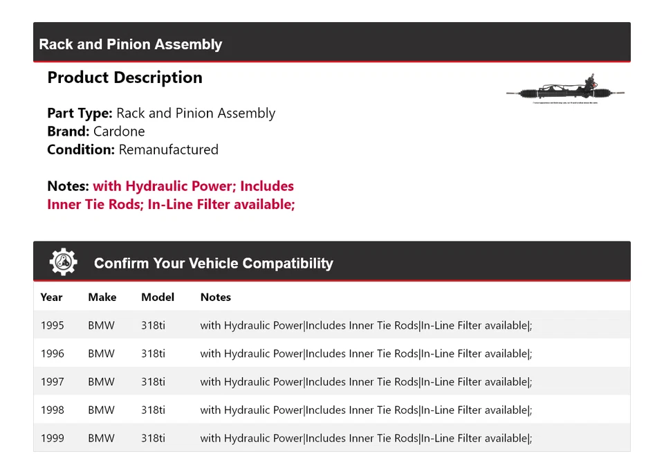 Conjunto de piñón y cremallera Cardone 1996 1997 1998 para BMW 318ti 1995-1999 Foto 2 de 4