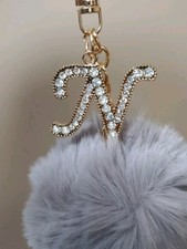 Initial Keyring N Rhinestone with Gray Pom Pom Clip Glam Keychain