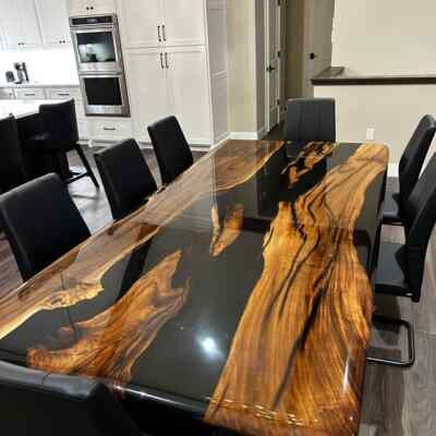 Black Resin River Epoxy Dining Table, Live Edge Wooden Table, Home Decor