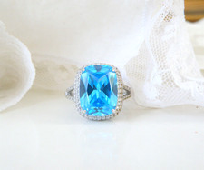 Sterling Silver 925 Large Simulated Blue Topaz Cocktail Big Ring Size 10