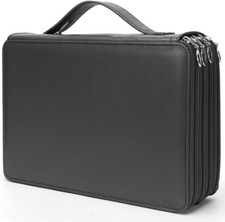 200 Slot Pencil Holder Black Zipper Closure Deluxe PU Leather Large Capacity Cas