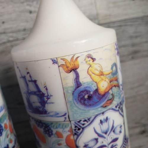 Dutch Tile Nautical Theme Pillar Candles Not Scented Norsk Mermaids Siren Ships - Picture 3 of 12