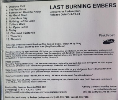 Last Burning Embers Lessons In Redemption CD Promo 2004 EX